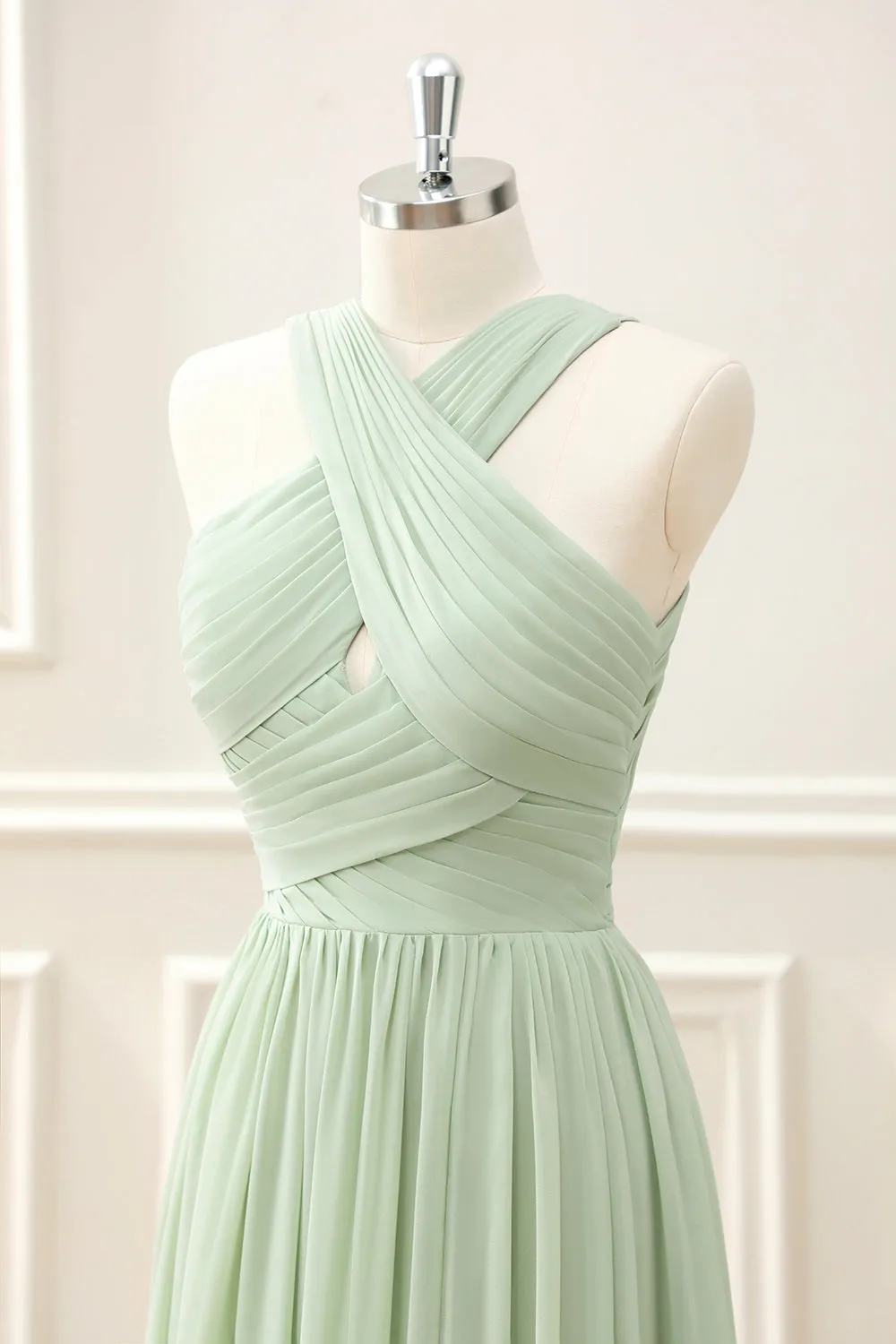 A Line Halter Chiffon Sage Green Pleated Maxi Dress with Slit