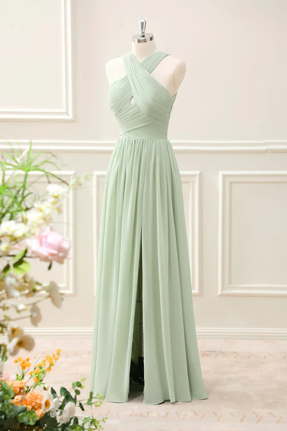 A Line Halter Chiffon Sage Green Pleated Maxi Dress with Slit