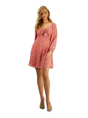 BAR III DRESSES Womens Red Smocked Floral 3/4 Sleeve V Neck Above The Knee Shift Dress