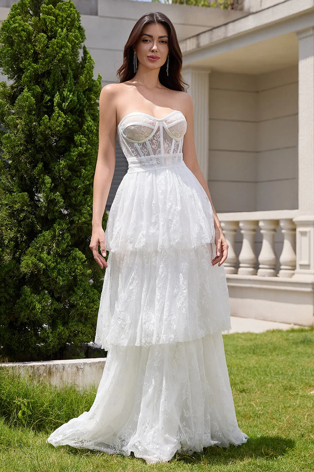 Beauty White Sweetheart Corset Tiered Lace Long Wedding Dress