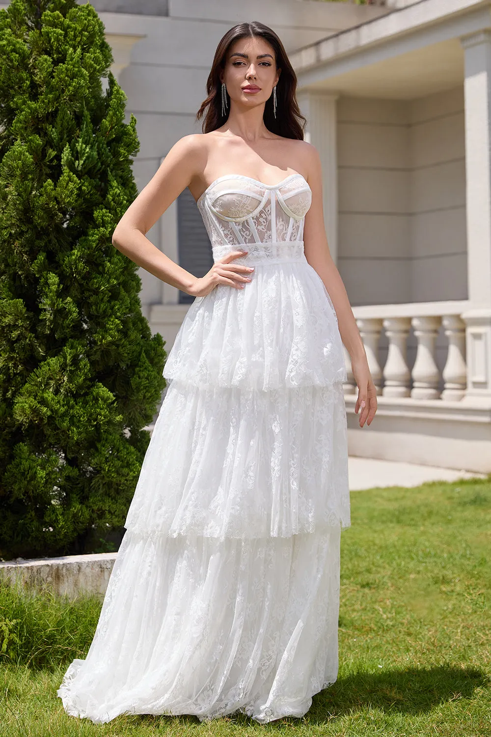 Beauty White Sweetheart Corset Tiered Lace Long Wedding Dress