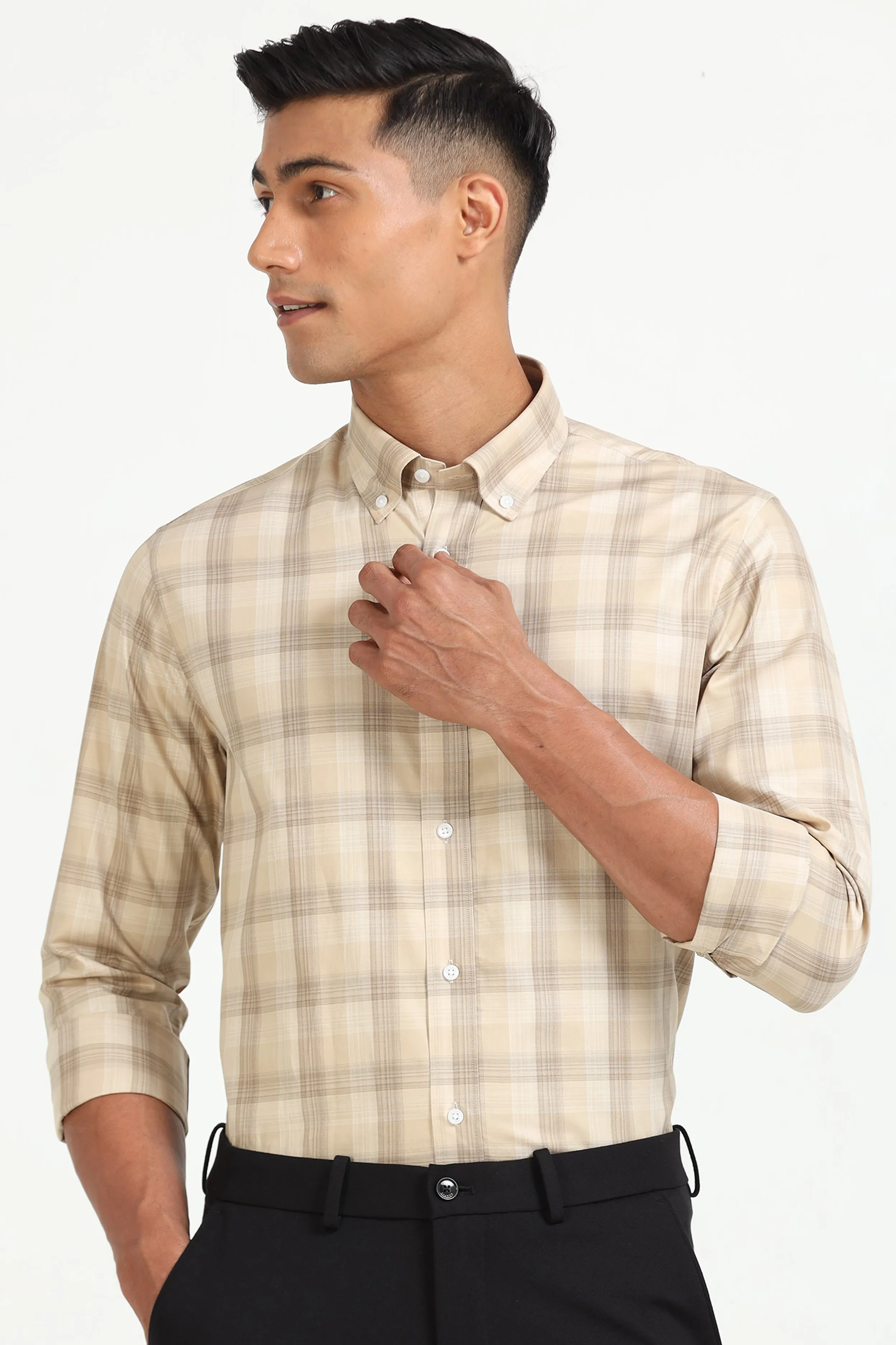 Beige Plaid Button-Down Shirt