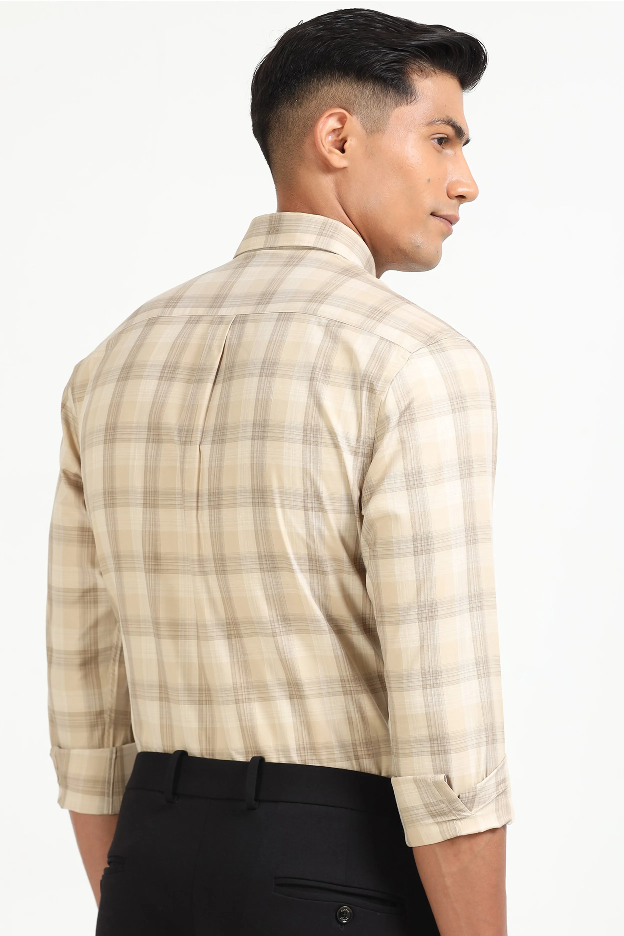 Beige Plaid Button-Down Shirt