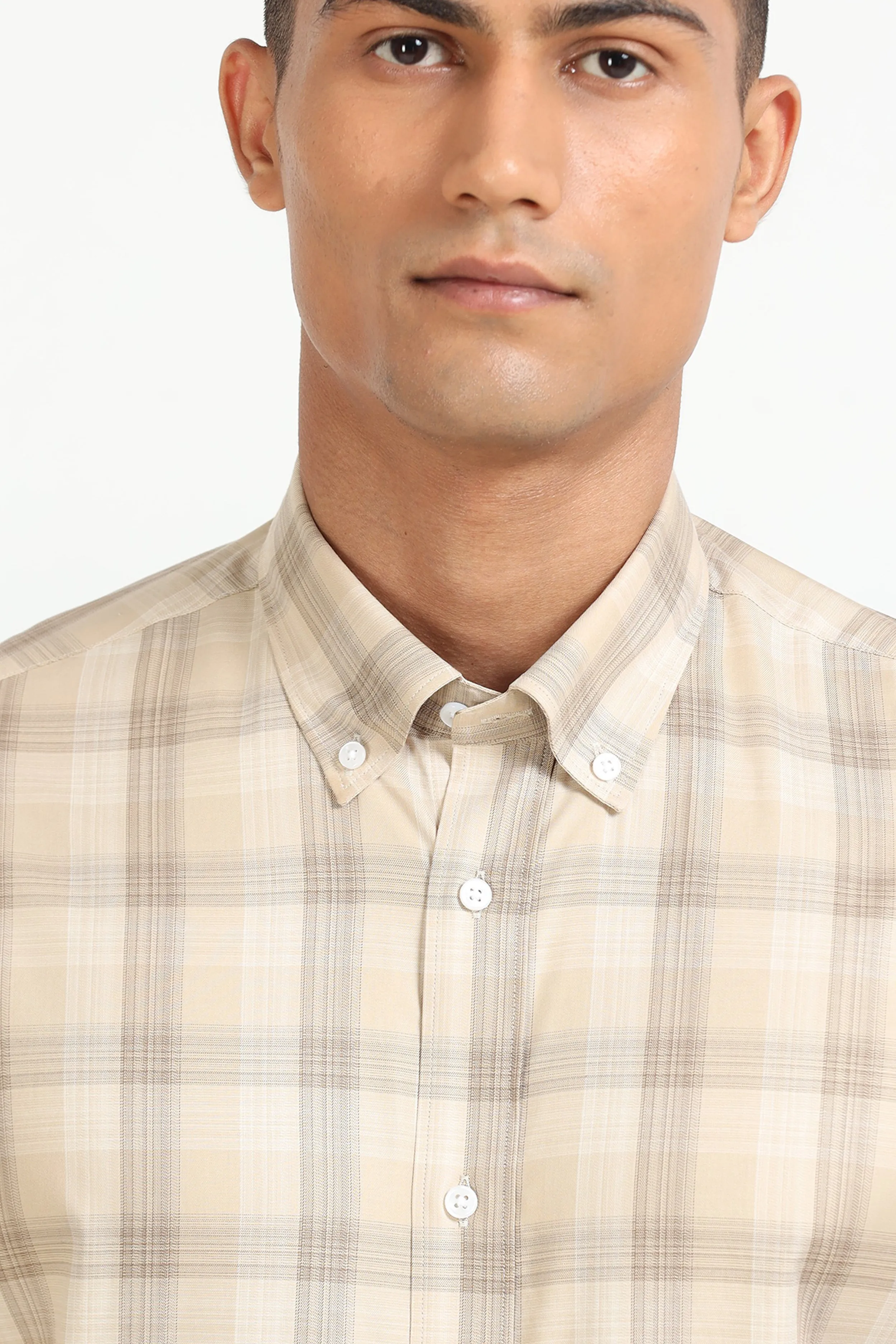 Beige Plaid Button-Down Shirt