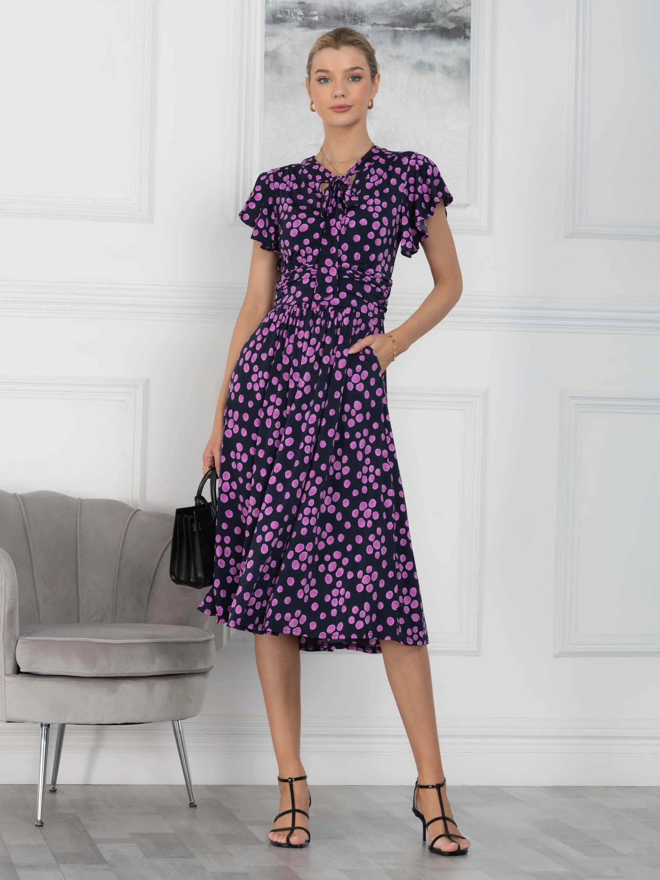 Beverly Tie Neck Midi Dress, Navy Spot