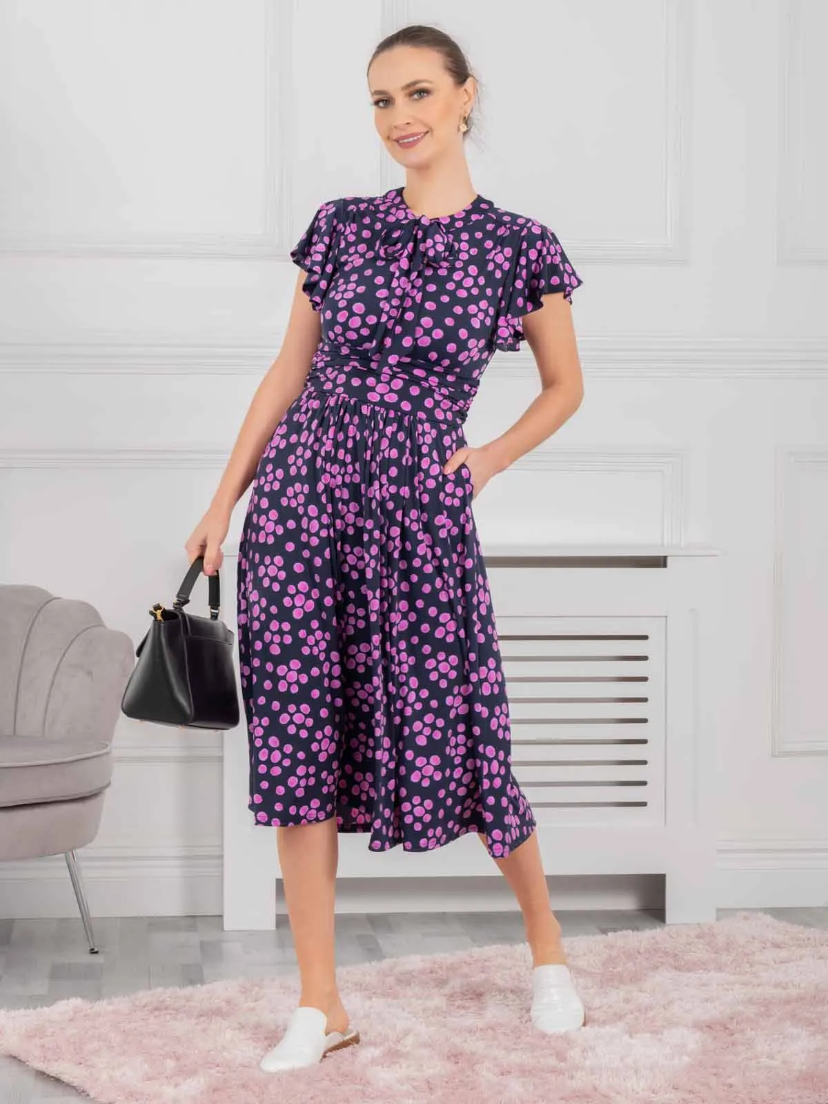 Beverly Tie Neck Midi Dress, Navy Spot