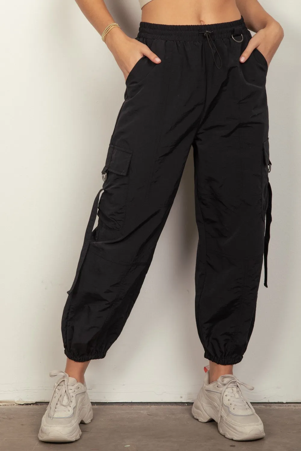 Black Elastic Waist Woven Cargo Pants