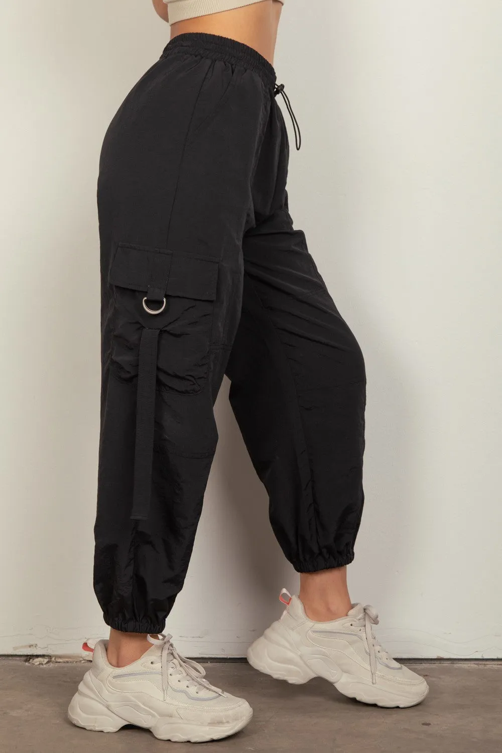 Black Elastic Waist Woven Cargo Pants