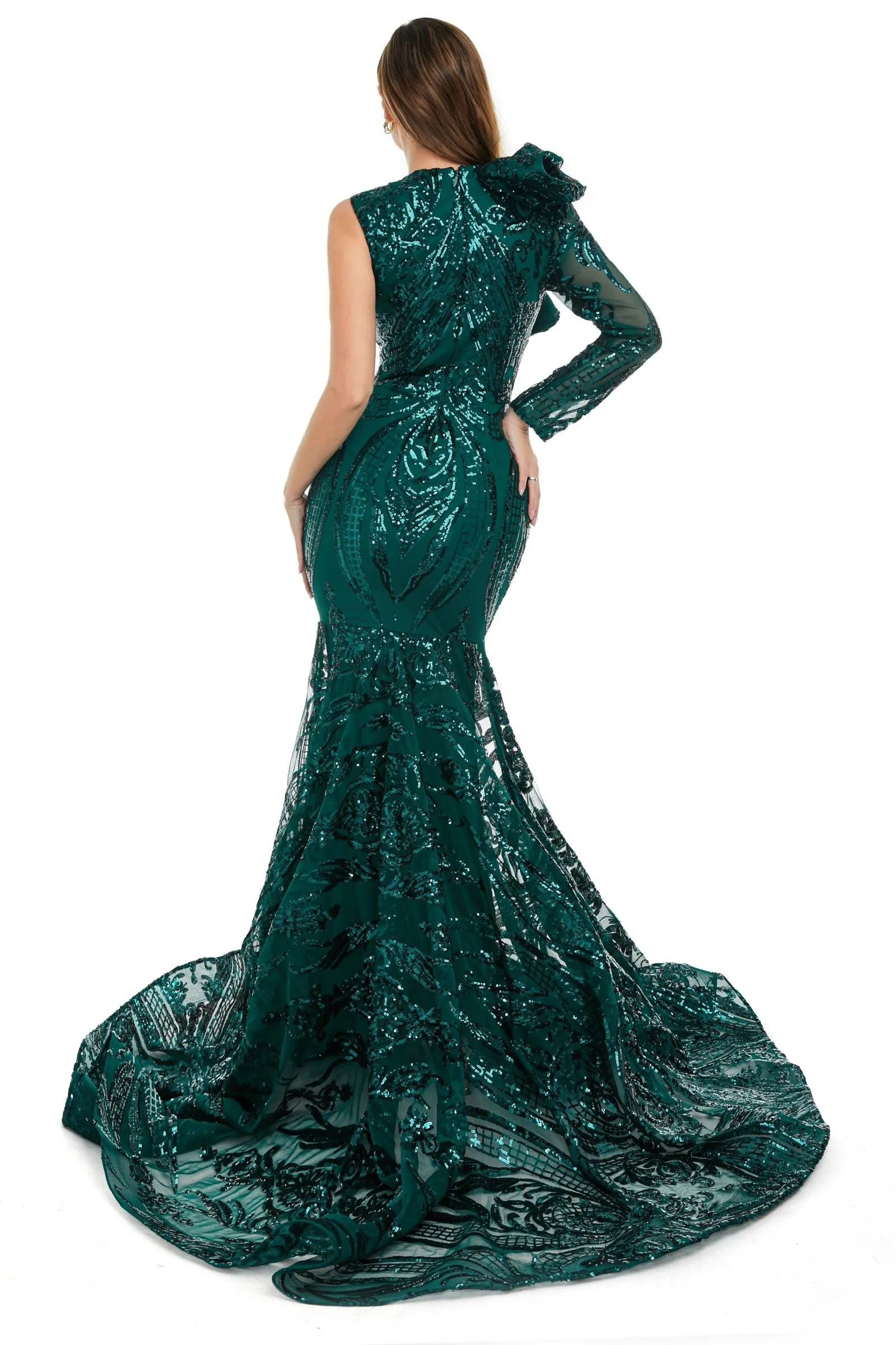 Black Mermaid One Sleeve Prom Dresses Sequined Lace Jewel Ruffles Evening Party Dress with Appliques