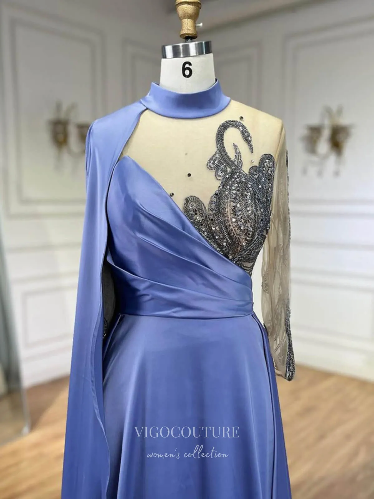 Blue Cape Sleeve Satin Prom Dresses Beaded Lace Formal Dress 24508