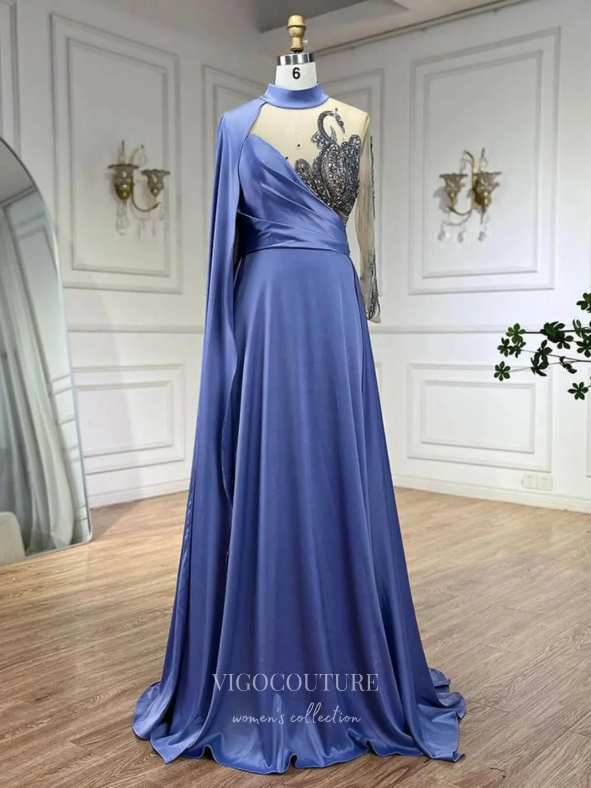 Blue Cape Sleeve Satin Prom Dresses Beaded Lace Formal Dress 24508