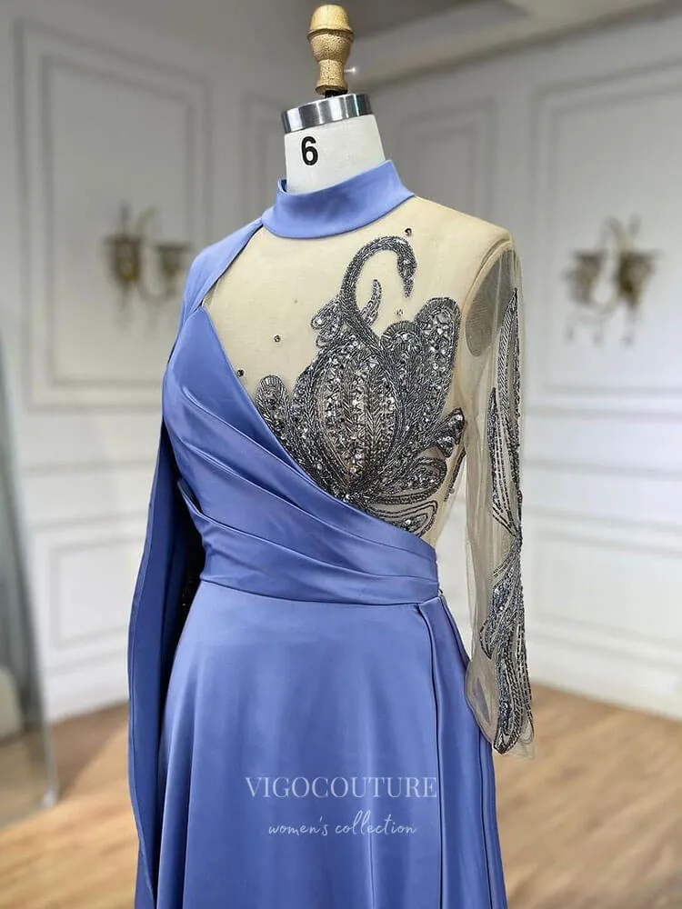 Blue Cape Sleeve Satin Prom Dresses Beaded Lace Formal Dress 24508