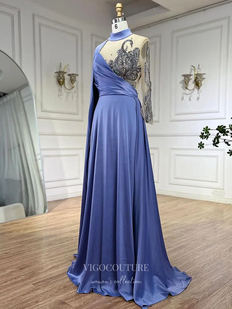 Blue Cape Sleeve Satin Prom Dresses Beaded Lace Formal Dress 24508