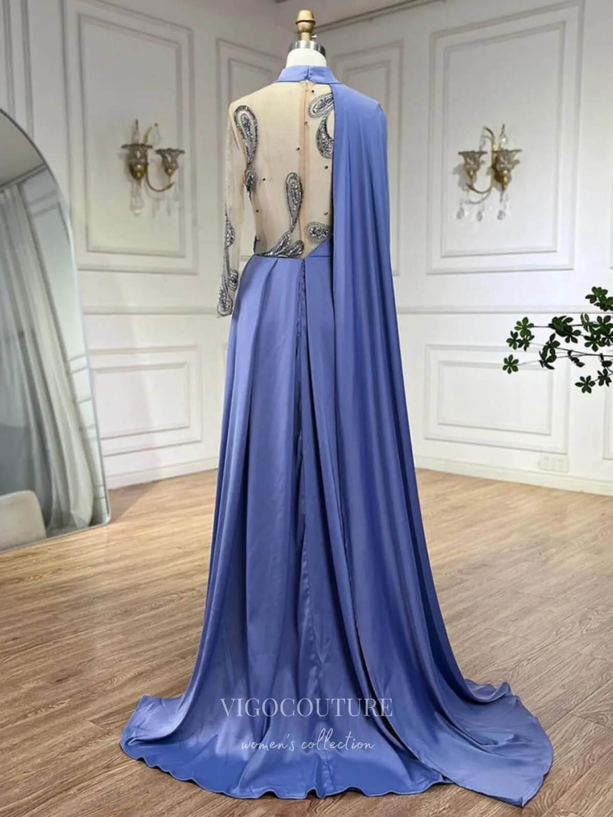 Blue Cape Sleeve Satin Prom Dresses Beaded Lace Formal Dress 24508