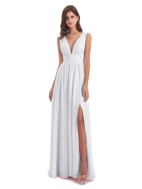 Bridesmaid Dress White Charming Chiffon V Neck Split Long Bridesmaid Dresses