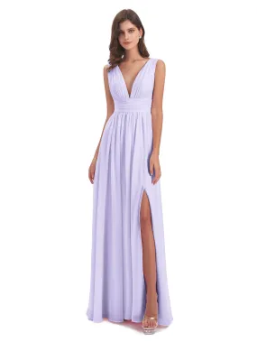 Bridesmaid Dresses Lilac Charming Chiffon V Neck Split Long Bridesmaid Dresses