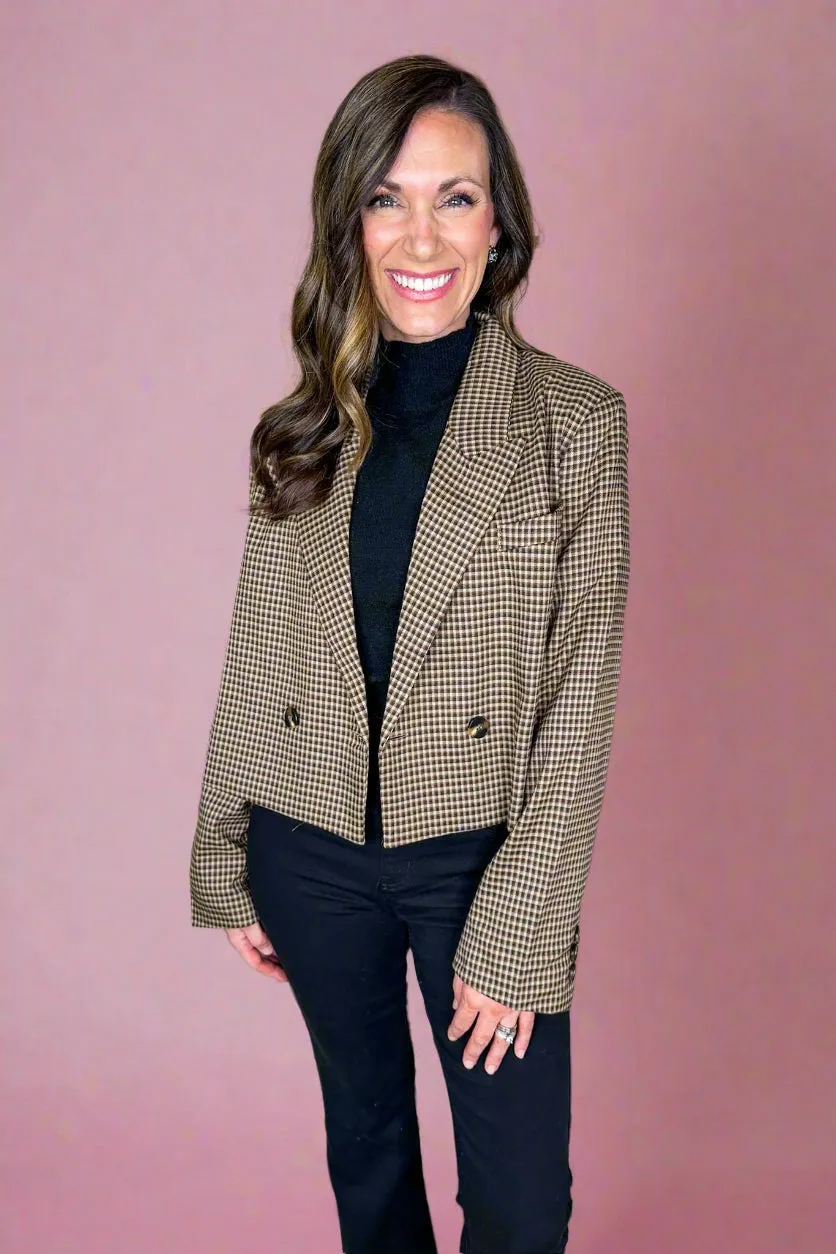 Brown Gingham Print Cropped Jett Pocketed Blazer Jacket