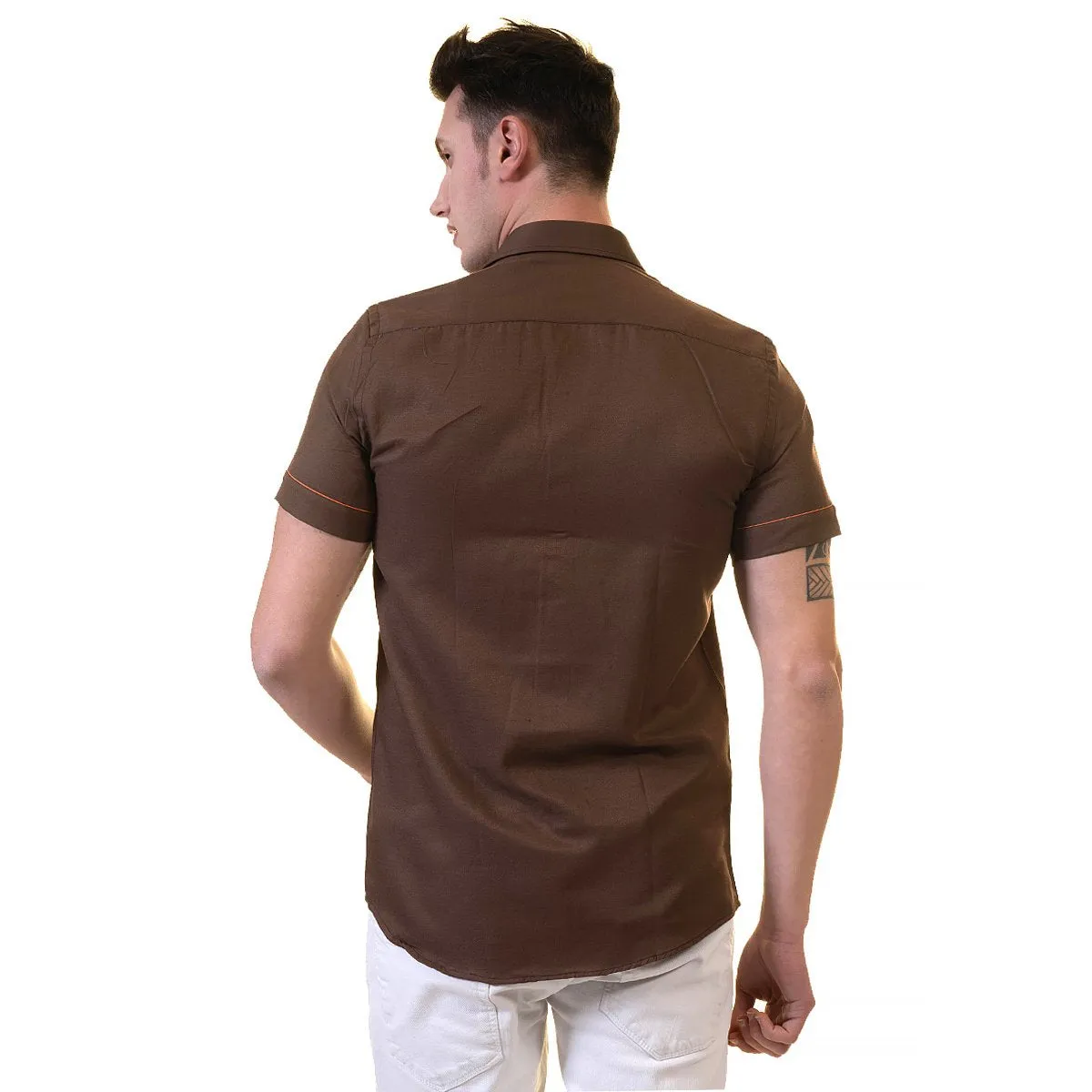 Brown Mens Short Sleeve Button up Shirts - Tailored Slim Fit Cotton