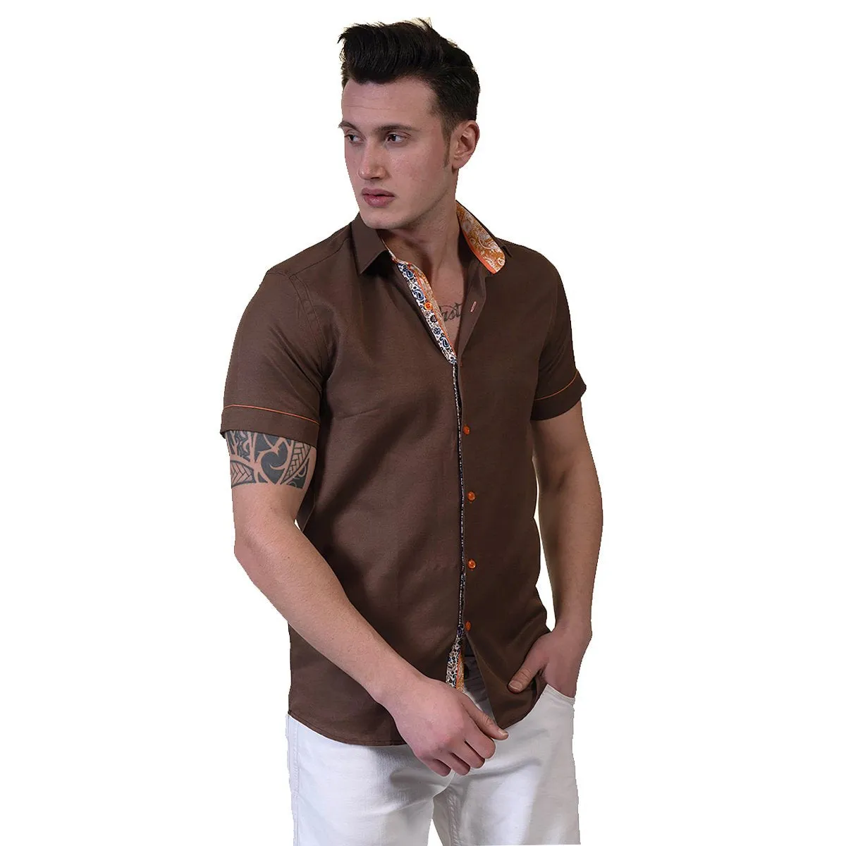 Brown Mens Short Sleeve Button up Shirts - Tailored Slim Fit Cotton