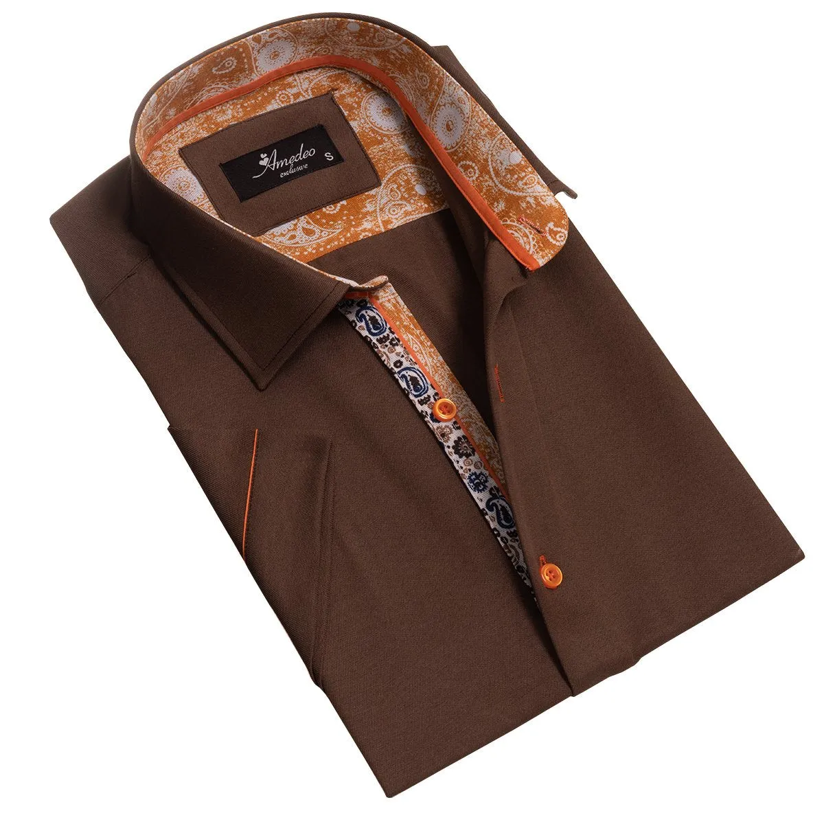 Brown Mens Short Sleeve Button up Shirts - Tailored Slim Fit Cotton