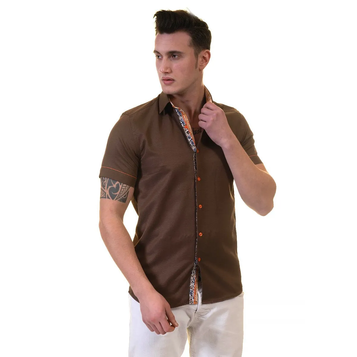 Brown Mens Short Sleeve Button up Shirts - Tailored Slim Fit Cotton