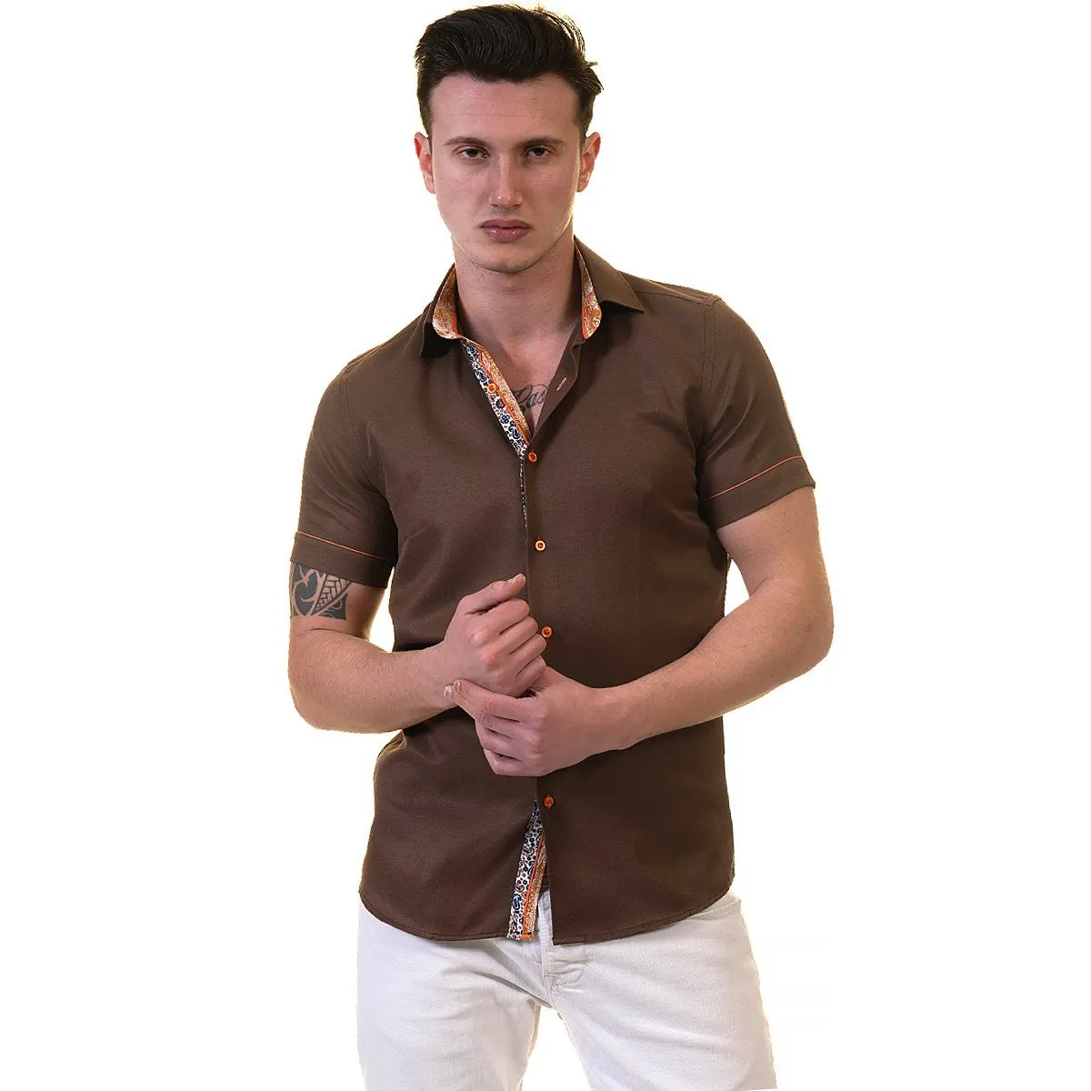 Brown Mens Short Sleeve Button up Shirts - Tailored Slim Fit Cotton