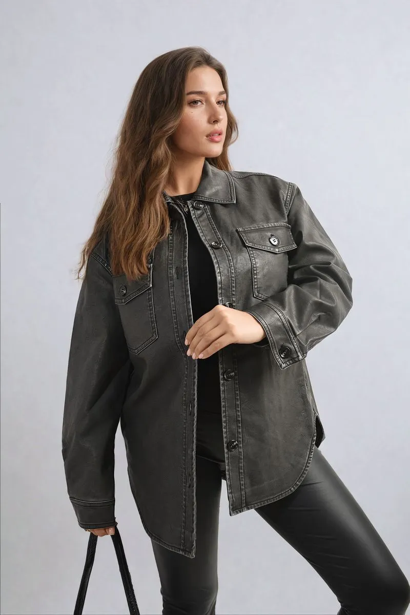 Button Front Pocket Detail Faux Leather Jacket