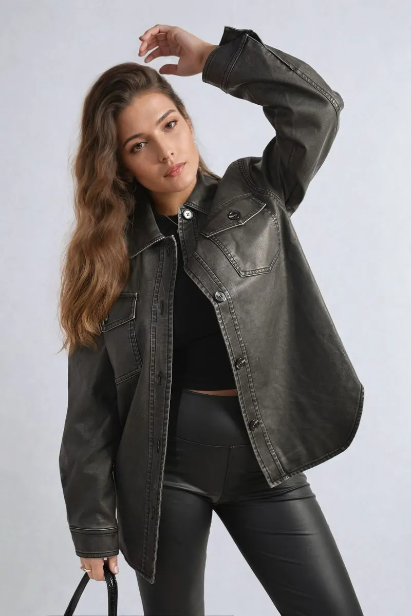 Button Front Pocket Detail Faux Leather Jacket