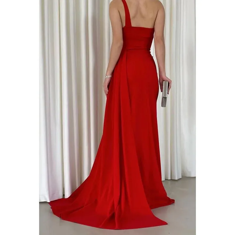 Chic & Modern One Shoulder Red Split Long Prom Dress