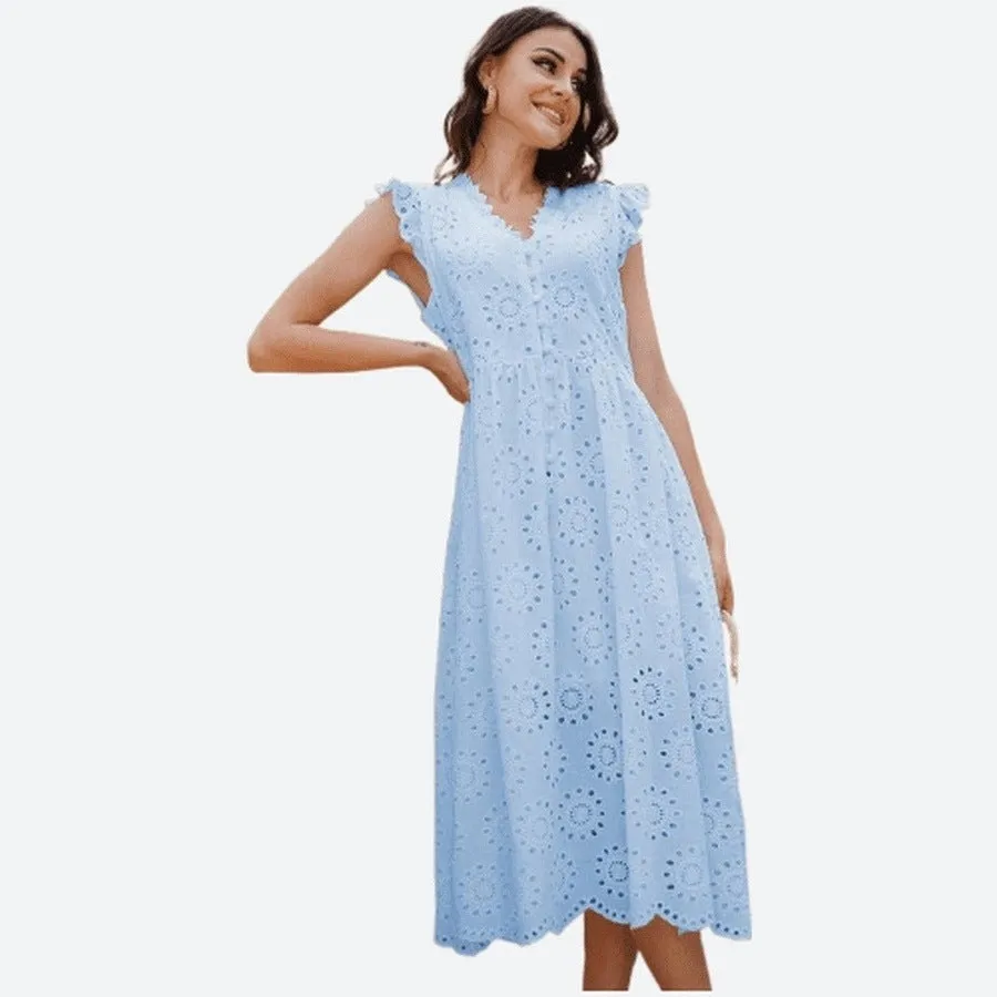 Chic Eyelet Flutter Sleeve Midi Dresses