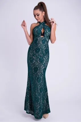 Chic Green Lace-Embellished Evening Dress