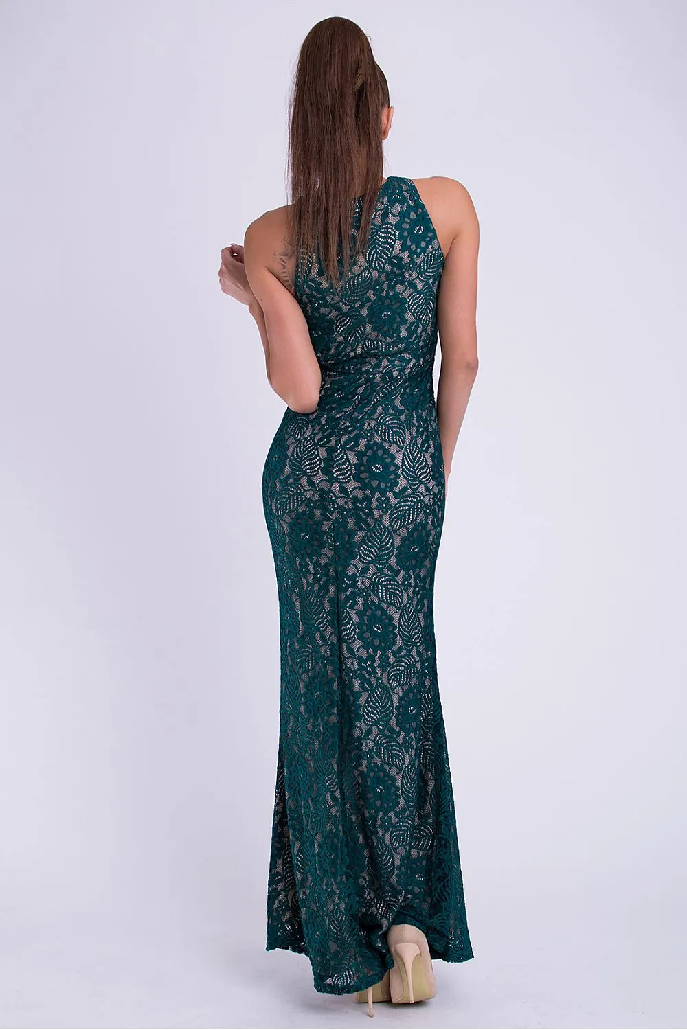 Chic Green Lace-Embellished Evening Dress