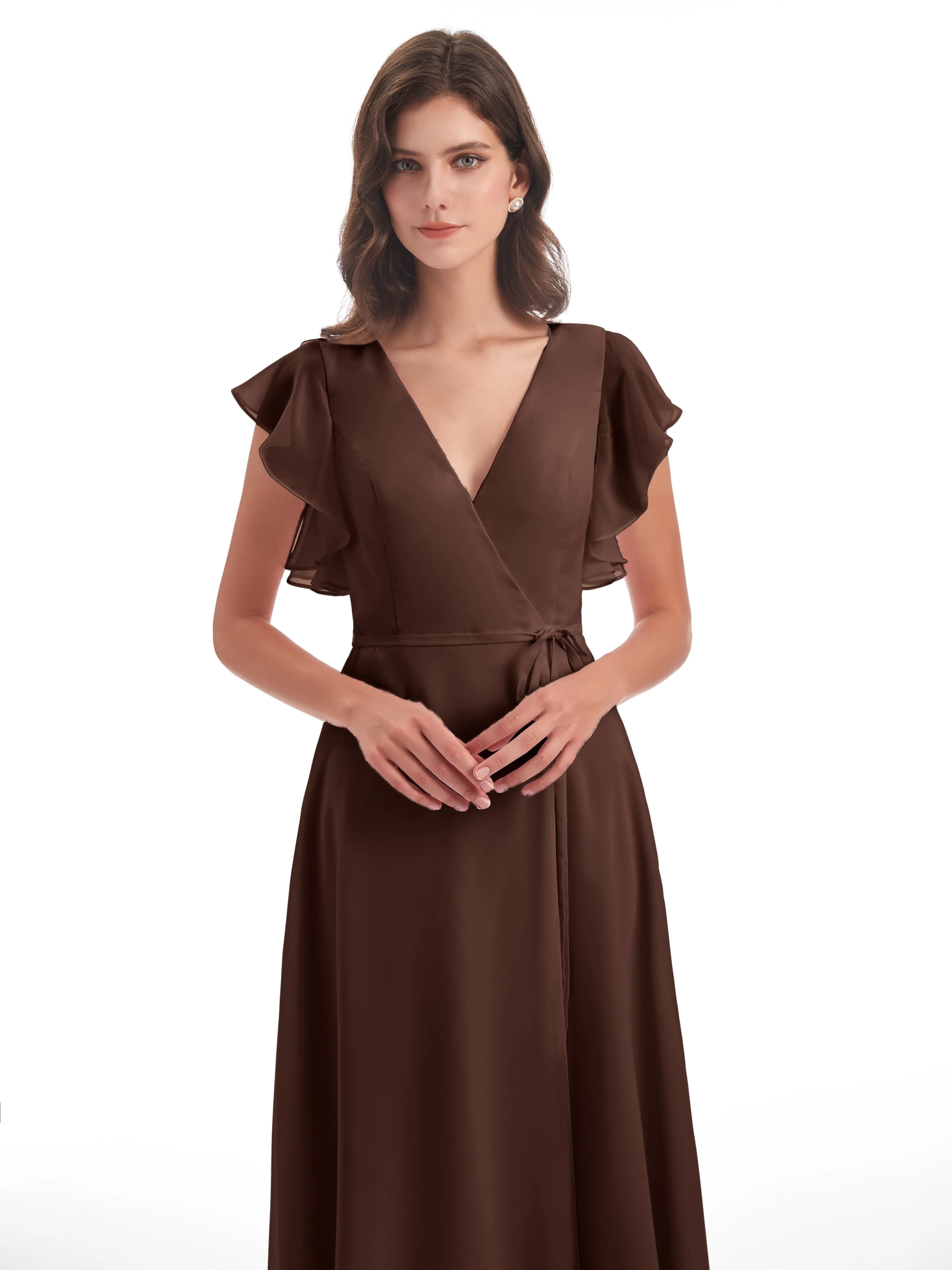 Chocolate Brown Bridesmaids Hope Charming V Neck Long Chiffon Bridesmaid Dresses