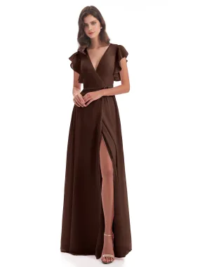 Chocolate Brown Bridesmaids Hope Charming V Neck Long Chiffon Bridesmaid Dresses