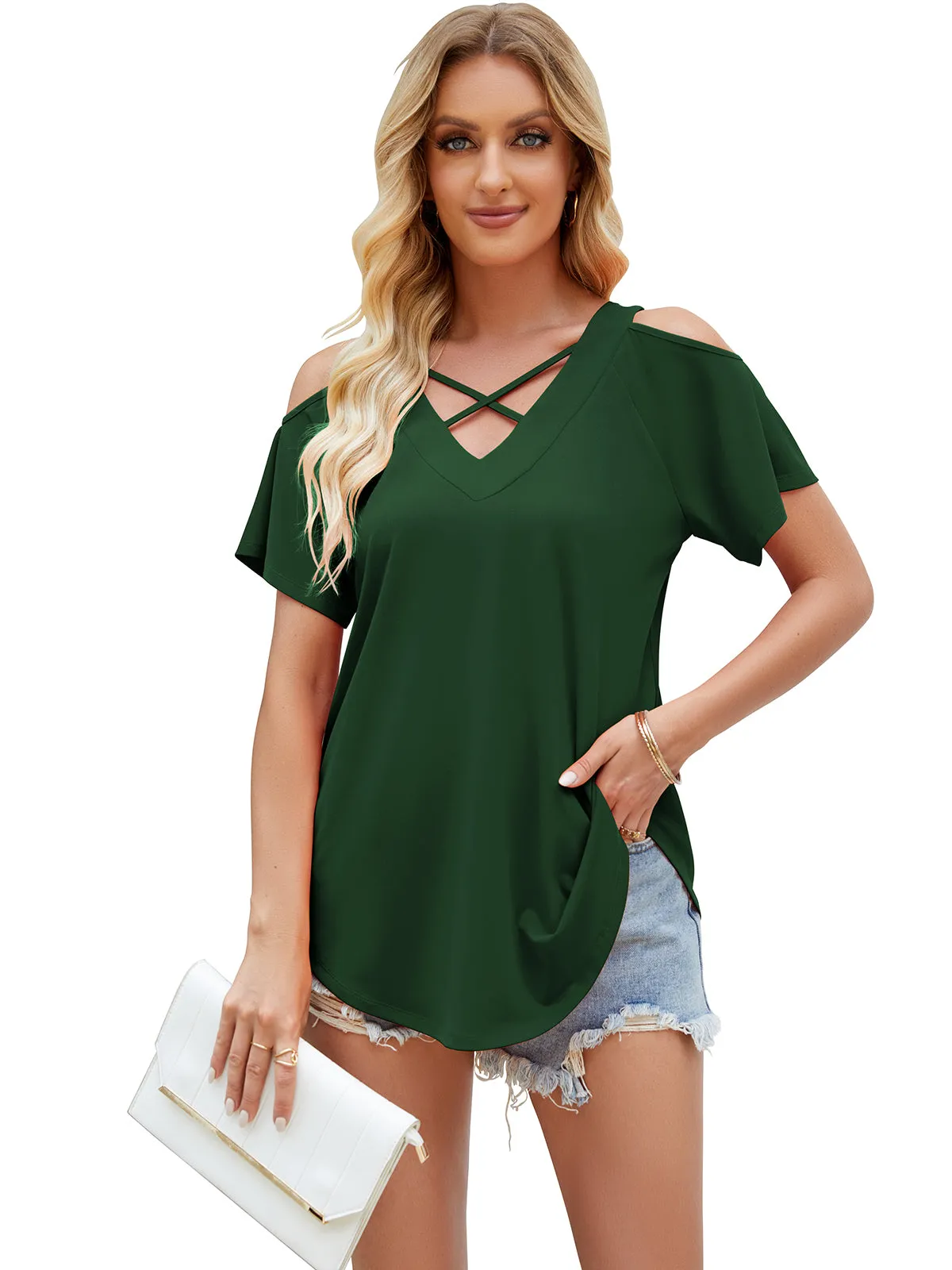 Cold Shoulder Tops for Women Summer Shirts V Neck Criss Cross Tops Sexy Blouse, Solid Color S-XXL