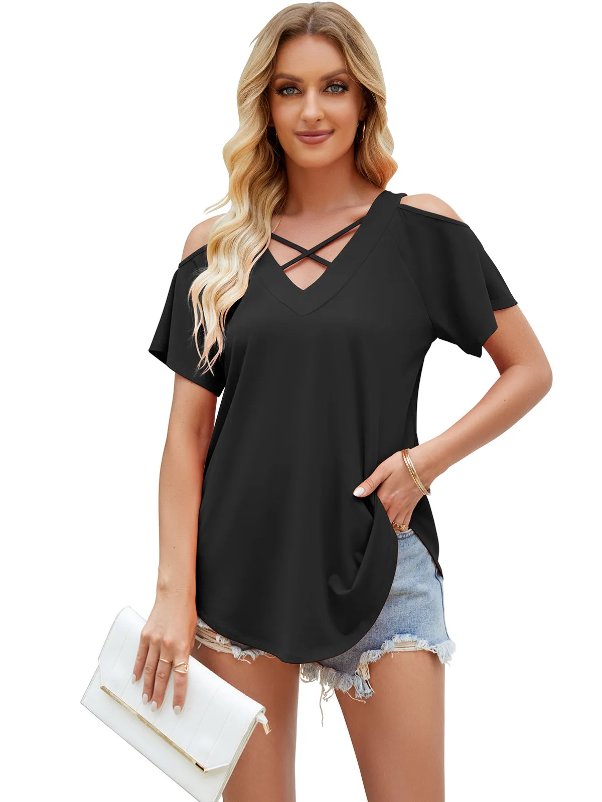 Cold Shoulder Tops for Women Summer Shirts V Neck Criss Cross Tops Sexy Blouse, Solid Color S-XXL