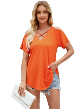 Cold Shoulder Tops for Women Summer Shirts V Neck Criss Cross Tops Sexy Blouse, Solid Color S-XXL