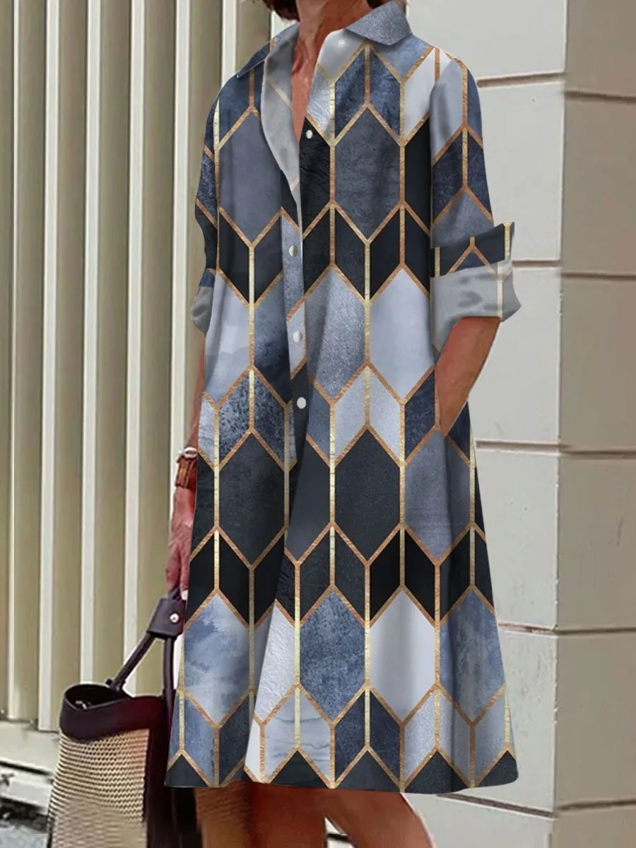 Colorful Geometric Print Casual Loose Long-Sleeved Shirt Dress