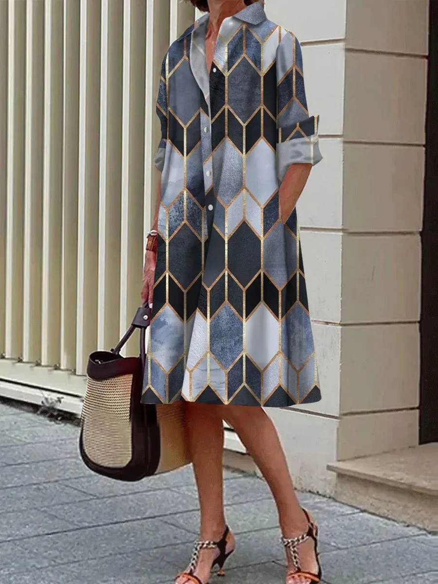 Colorful Geometric Print Casual Loose Long-Sleeved Shirt Dress