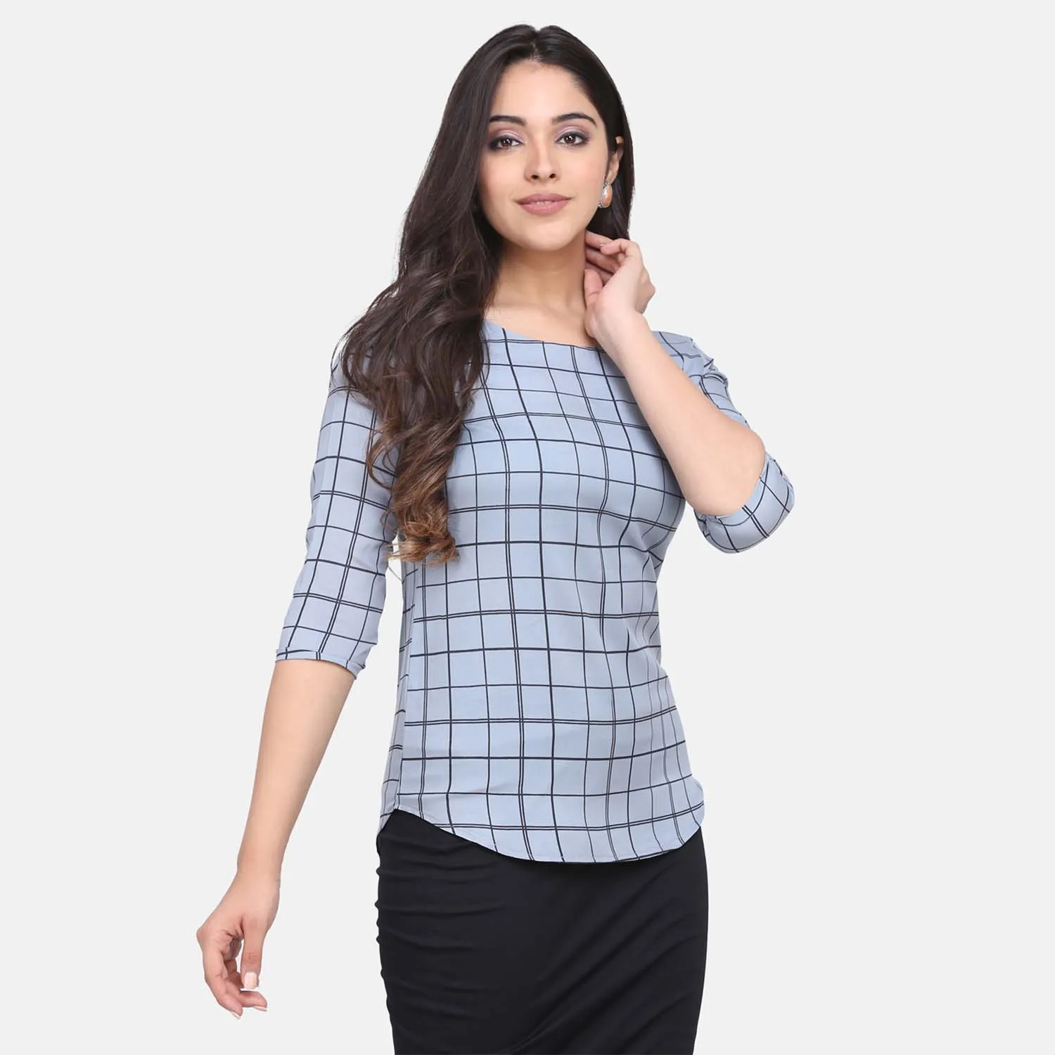 Comfortable Ladies Work Grey Check Crepe Top 