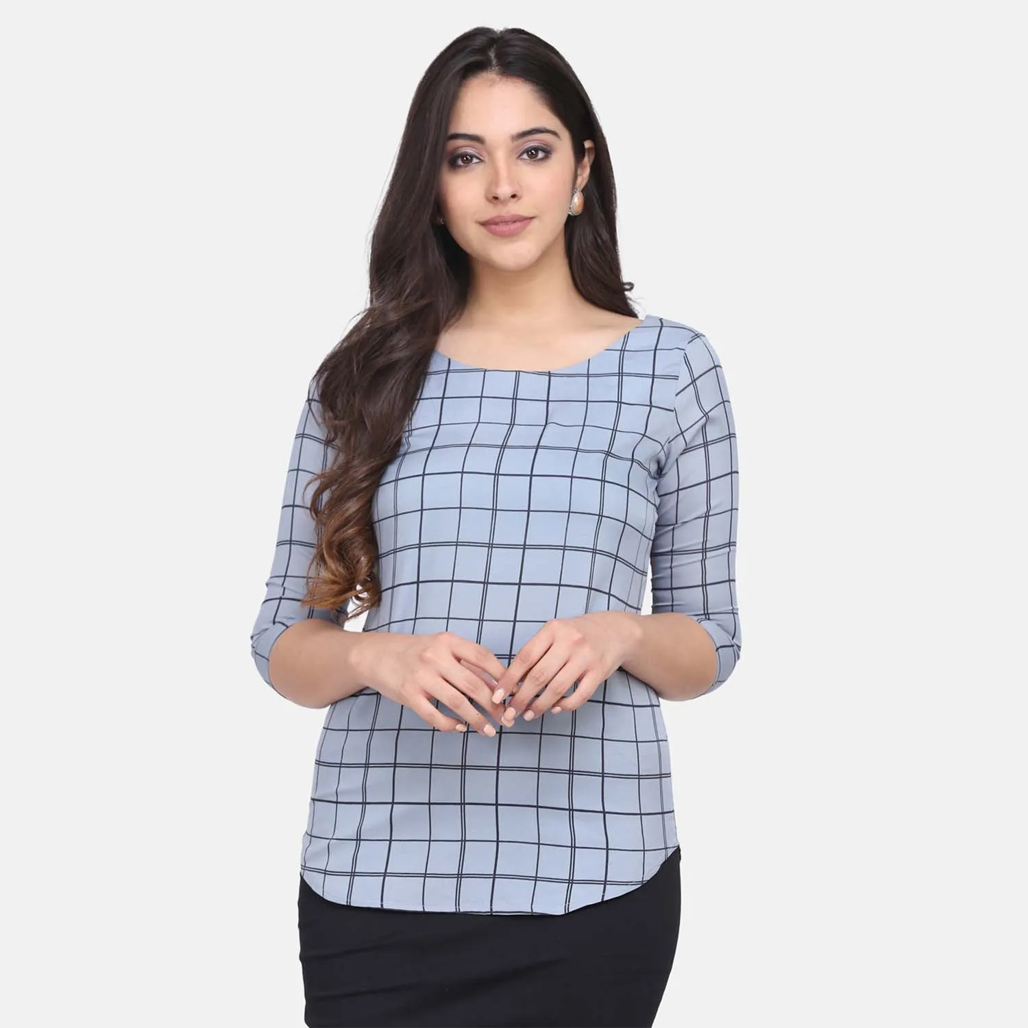 Comfortable Ladies Work Grey Check Crepe Top 