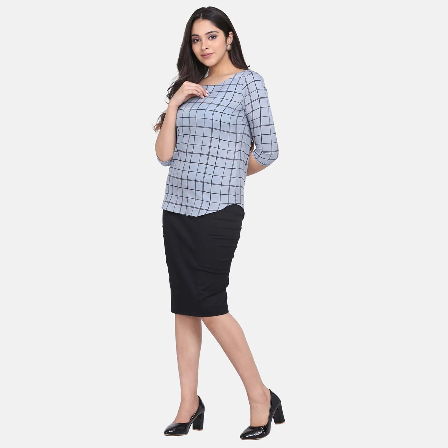 Comfortable Ladies Work Grey Check Crepe Top 