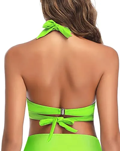 Comfortable Push Up Halter Retro Bikini Top For Women-Neon Green