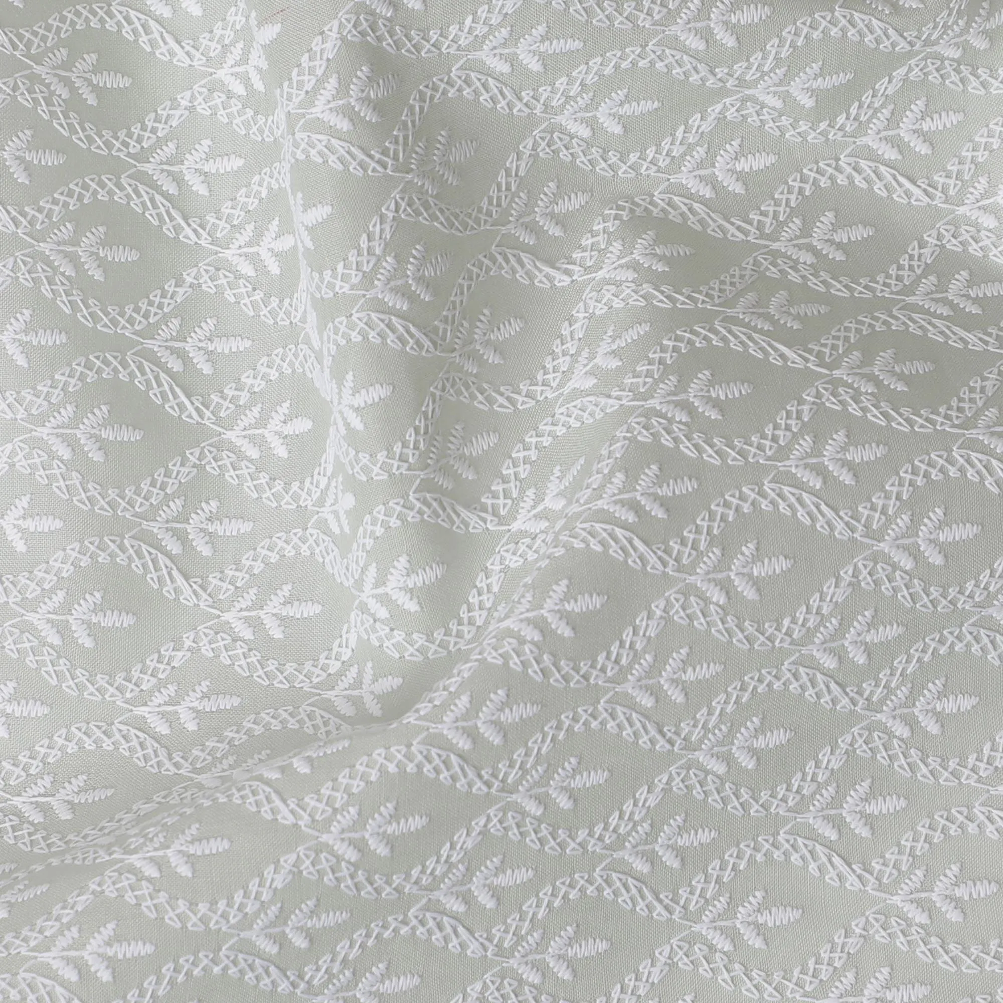 Elegant Mint Cotton Voile Fabric with White Lace Embroidery, 110 cm Width-D20124