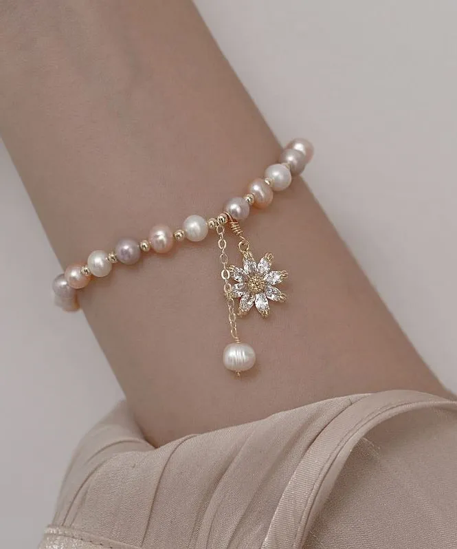 Fashion Multicolour Sterling Silver Overgild Zircon Pearl Sunflower Tassel Charm Bracelet WF020