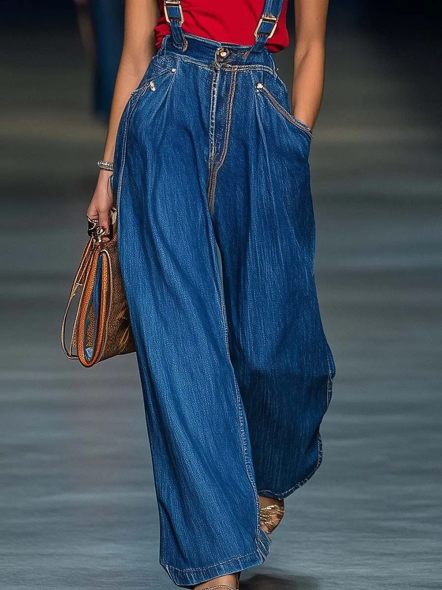 Fashionable and Comfortable Blue Denim Overalls Wide-leg Pants