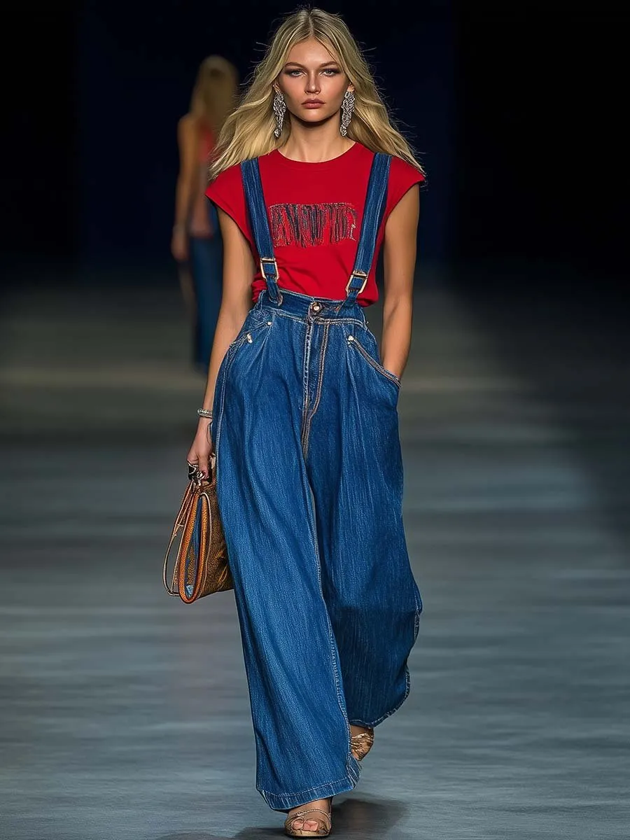 Fashionable and Comfortable Blue Denim Overalls Wide-leg Pants