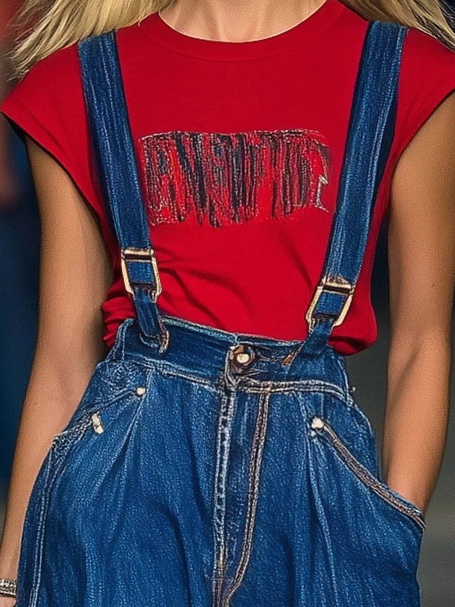 Fashionable and Comfortable Blue Denim Overalls Wide-leg Pants