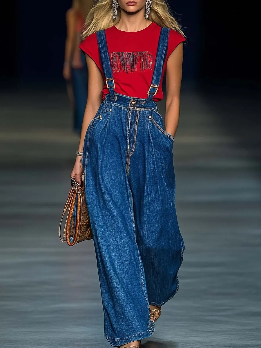 Fashionable and Comfortable Blue Denim Overalls Wide-leg Pants