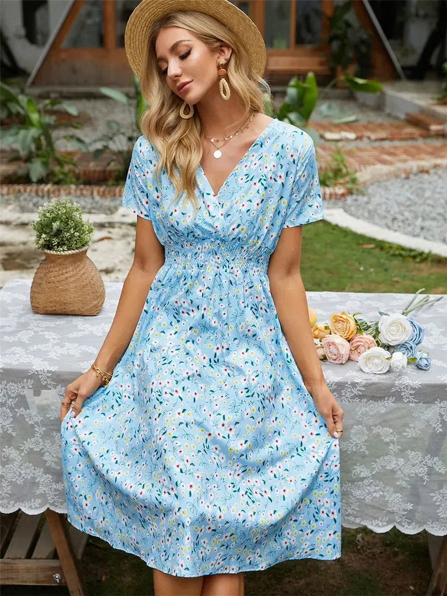 Floral Chic Summer Short Sleeve Fashionable Midi Dress